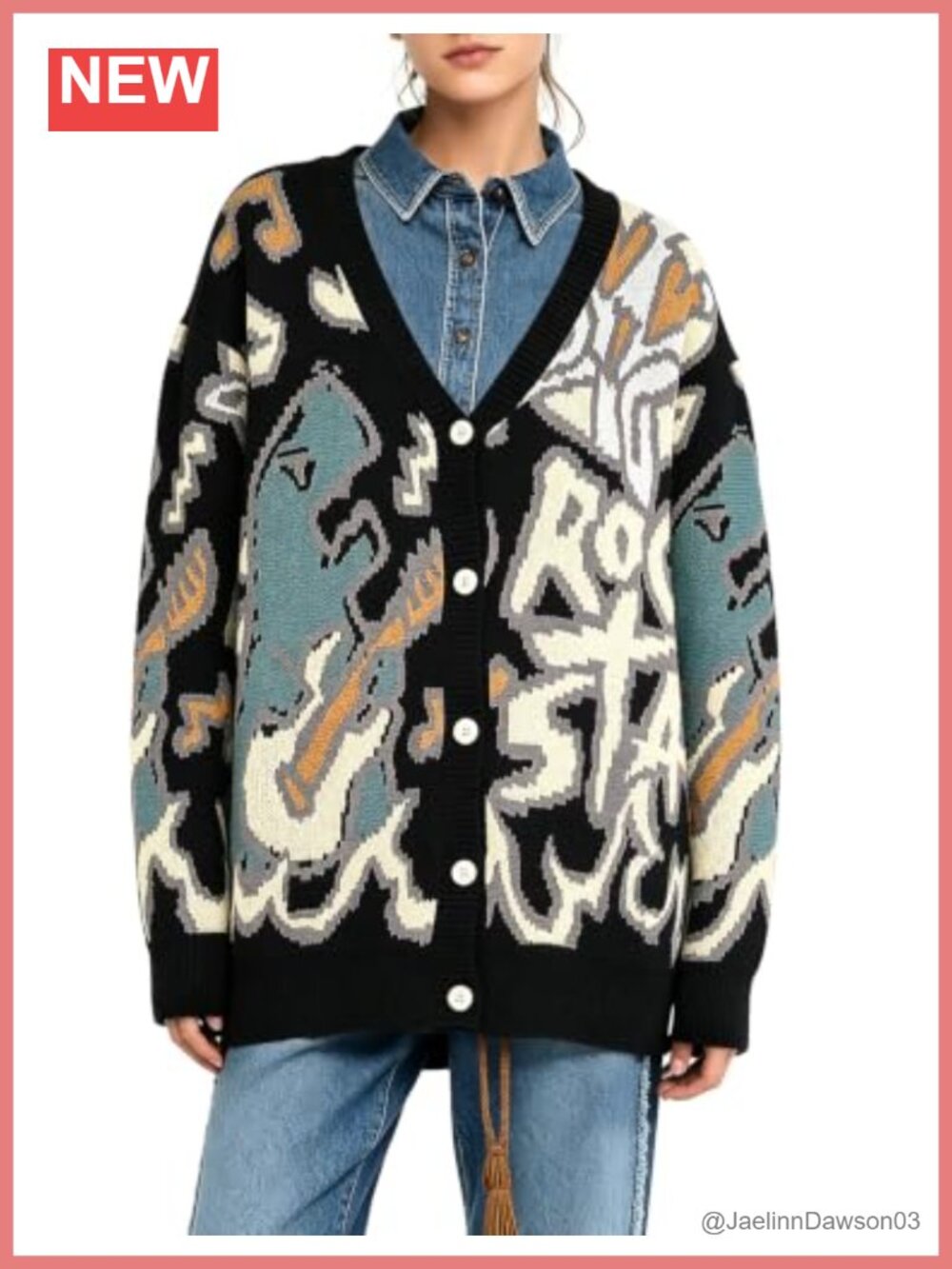 Oversized Button Down Knit Cardigan Sweater Dinosaur Letter Print